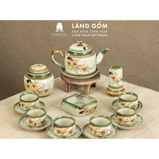 Bộ ấm chén Bát Tràng vẽ tay kiểu Chữ thập vẽ hoa - Dung tích 500ml - langgom.vn