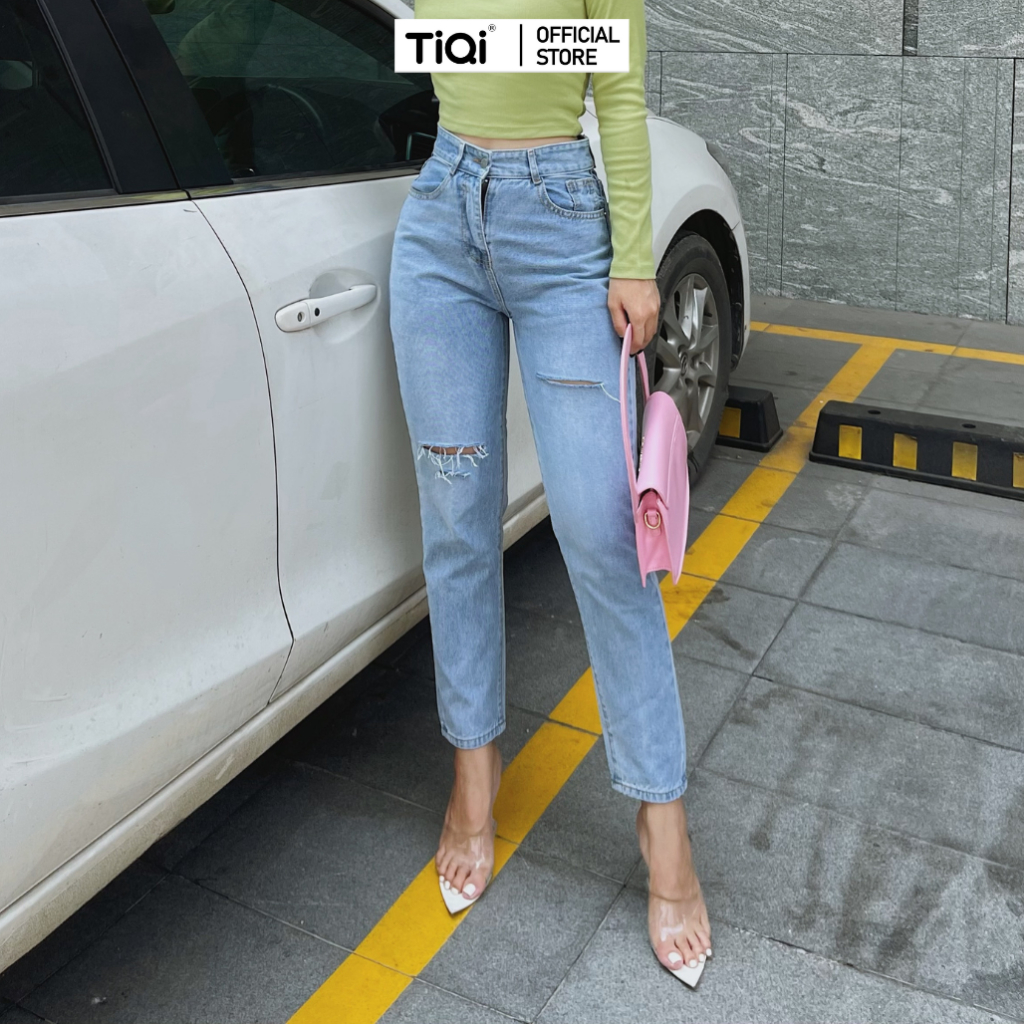 Quần jean bò baggy nữ rách gối lưng cao TiQi Jeans B1-234