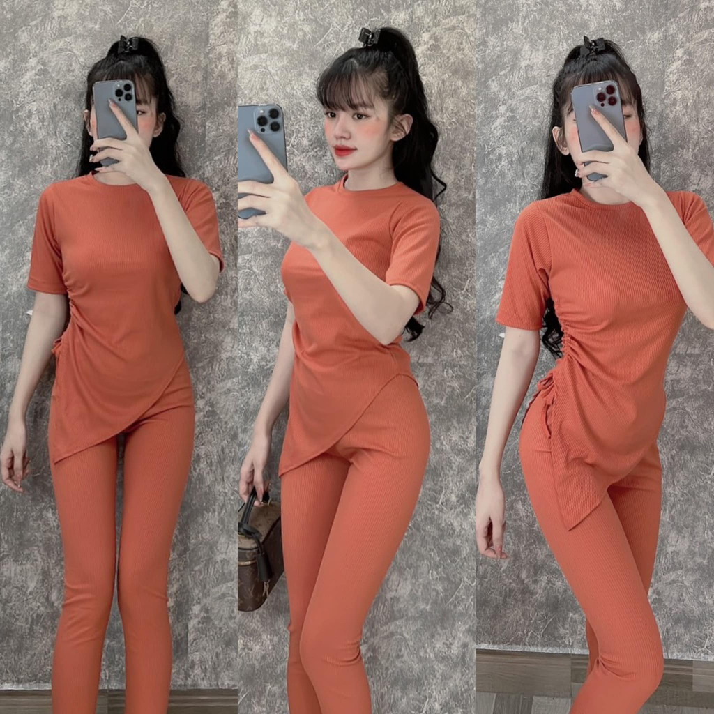 Đồ bộ nữ, set đồ bộ quần legging lưng cao có túi kèm áo ôm tay lỡ rút dây 1 bên lai nhọn thun gân xương, bộ đồ mặc ở nhà
