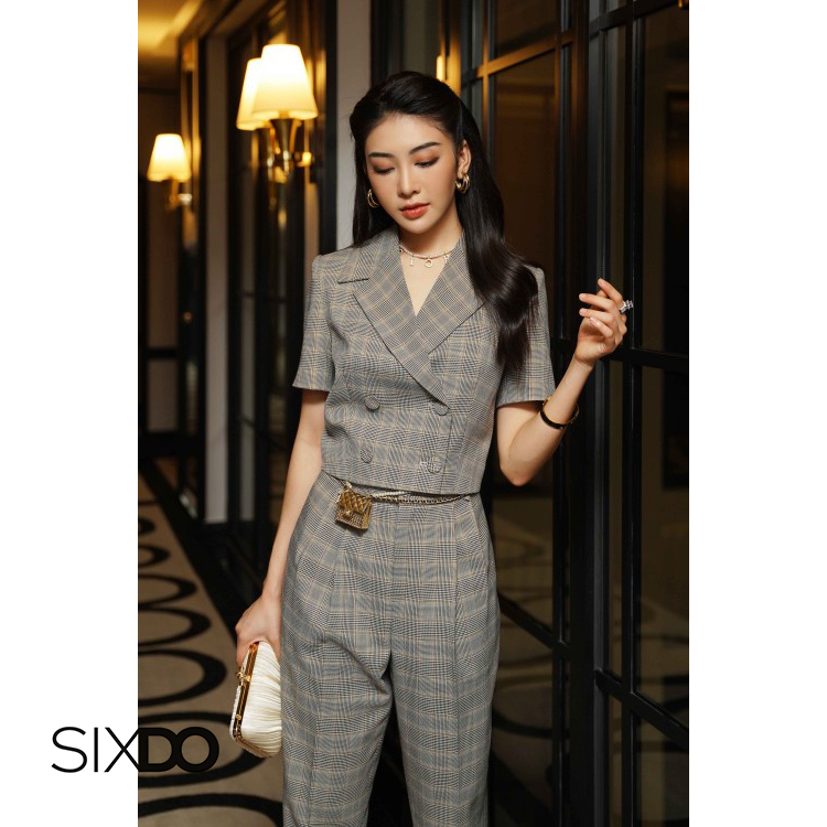 Áo vest nữ dáng lửng 4 cúc thời trang SIXDO (Yellow Check Cropped Woven Vest)