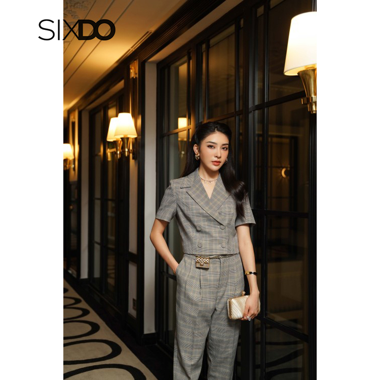 Áo vest nữ dáng lửng 4 cúc thời trang SIXDO (Yellow Check Cropped Woven Vest)