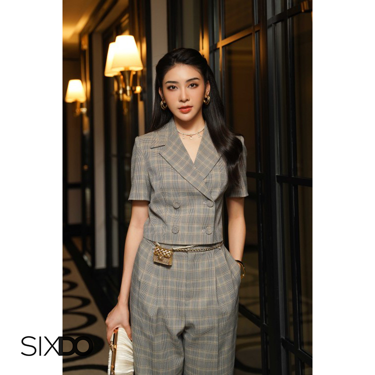 Áo vest nữ dáng lửng 4 cúc thời trang SIXDO (Yellow Check Cropped Woven Vest)