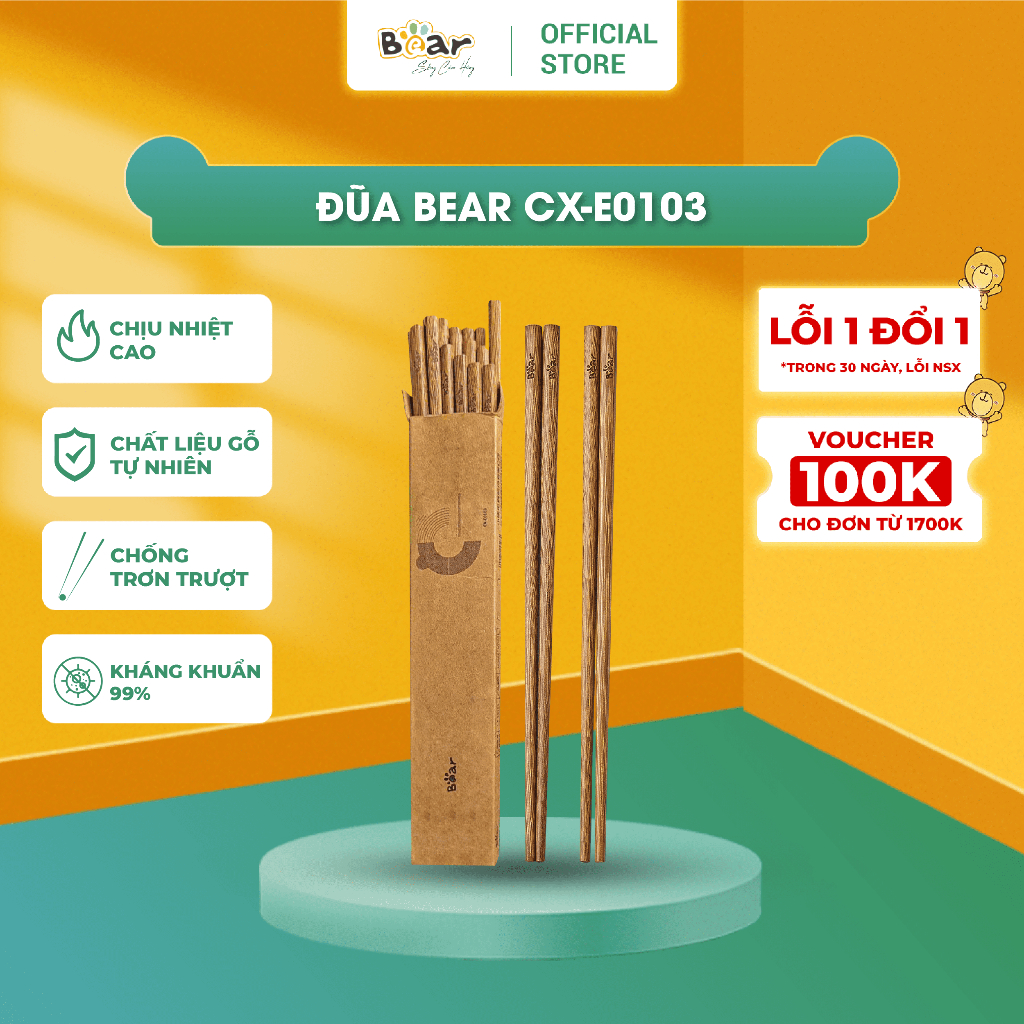 Bộ đũa gỗ thủ công Bear 10 đôi cao cấp, kháng khuẩn, chất liệu an toàn CX-E0103
