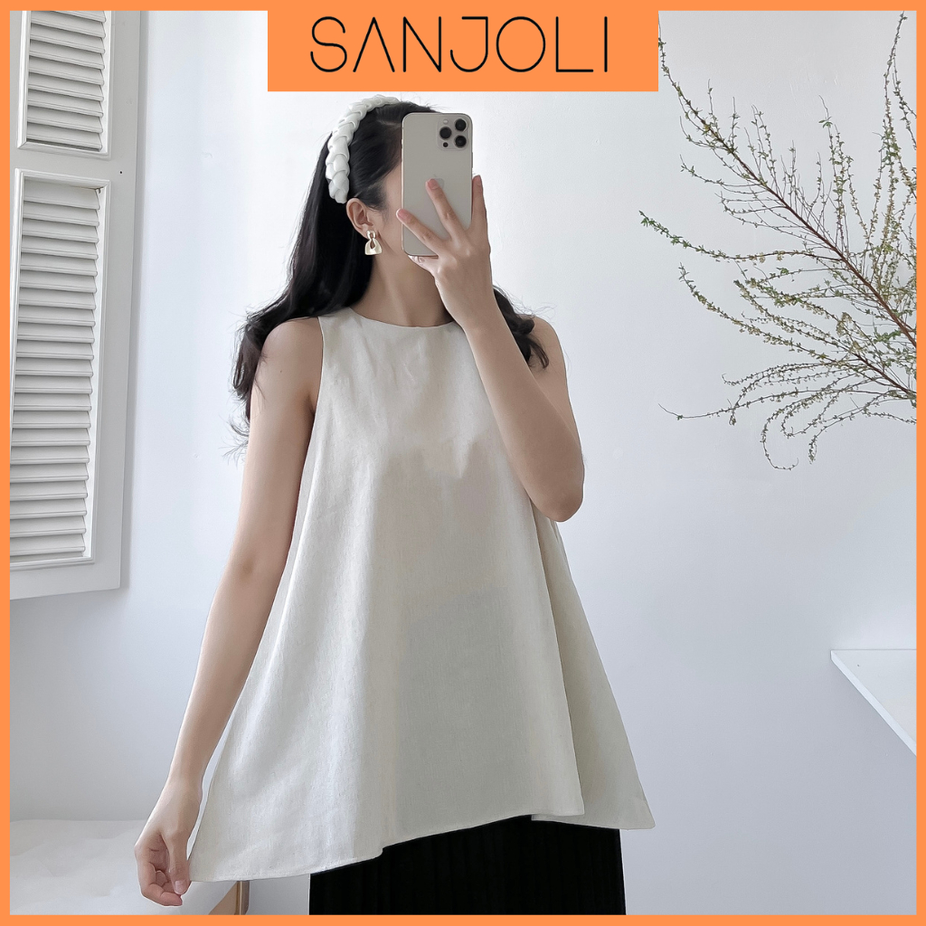 Áo yếm nữ Sanjoli dáng xòe ba lỗ sát nách thiết kế cổ tròn xẻ tà sau chất linen đi biển phong cách vintage màu đen AOE15