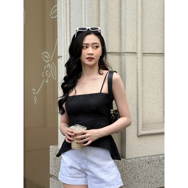 NOVEMBRE - Áo 2 dây linen đen - trắng
