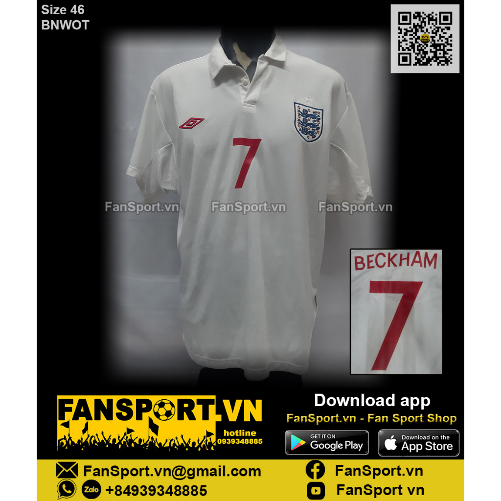 Áo đấu cầu thủ bóng đá David Beckham 7 England 2009-2010 home shirt jersey white Umbro size 46 XXXL chính hãng