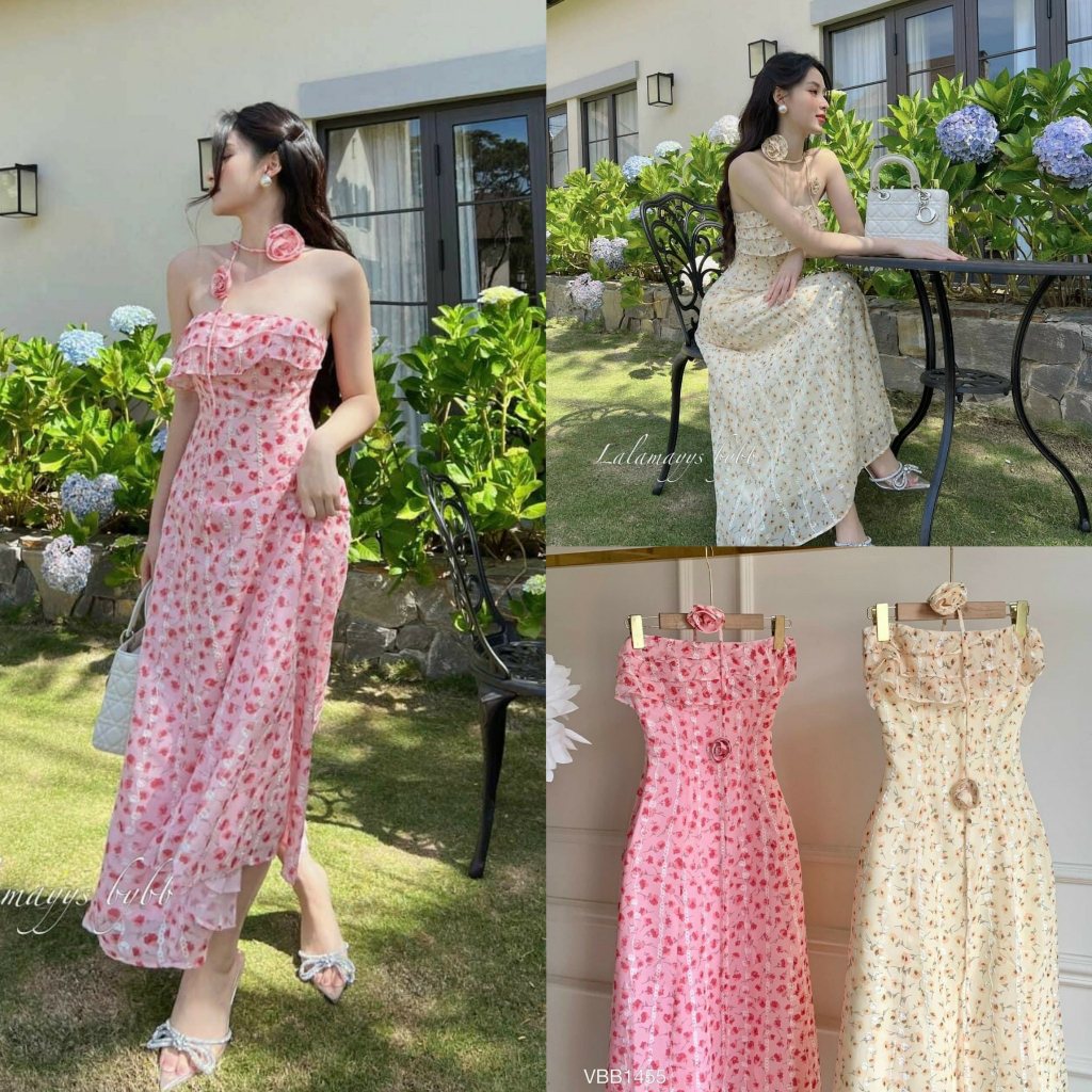 Đầm váy voan hoa kèm dây cổ đính hoa trẻ trung cho nàng dạ hội, đi biển [989]