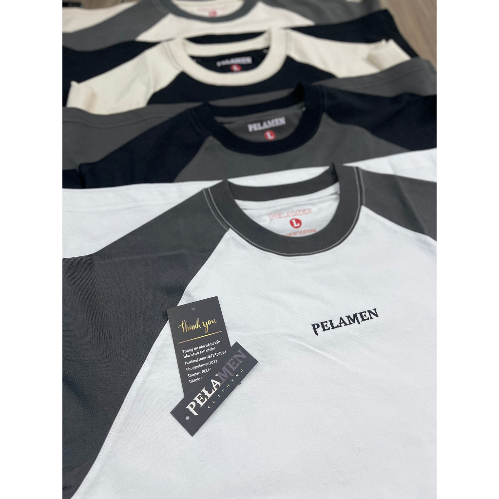 Áo thun phối tay raplan, logo PELAMEN in dập nổi sang trọng, chất vải thun cotton co giãn form dáng unisex năng động