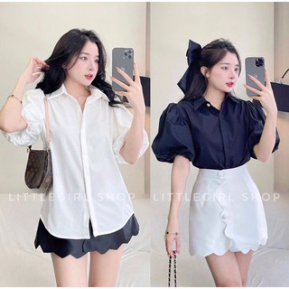 Áo sơ mi trắng tay bồng cộc tay cúc ngọc tiểu thư sang chảnh dễ phối đồ