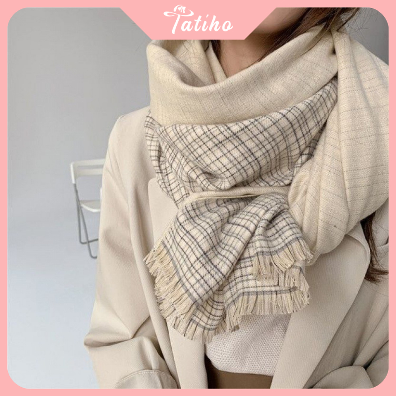 Khăn choàng cổ len unisex, Khăn Cashmere họa tiết caro chất dày dặn phong cách thanh lịch thời trang thu đông - KLN23