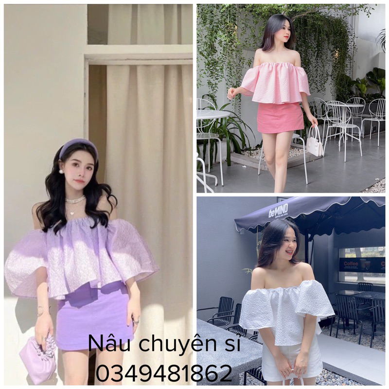 Sét áo gấm hoa ép trễ vai dễ thương + chân váy form a cá tính năng động