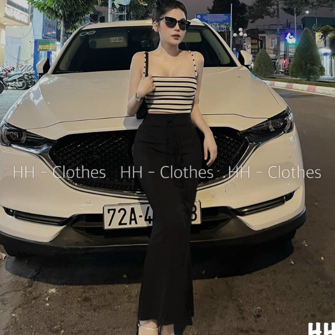 Set áo 2 dây sọc ngang croptop kèm quần loe gân đen mịn