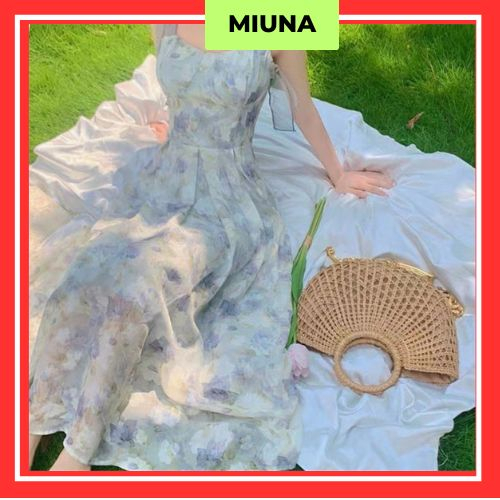 Đầm maxi voan lụa chifon Miuna có mút ngực, Đầm váy nữ 2 dây hoa nhí có hai lớp phong cách retro