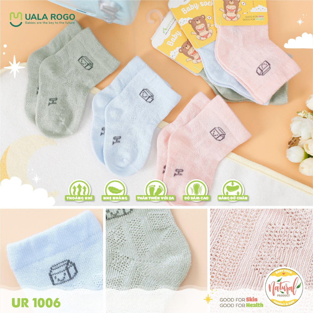 Tất lưới cho bé sơ sinh Uala rogo cotton thấm hút mềm thoáng giữ ấm chân cổ ngắn