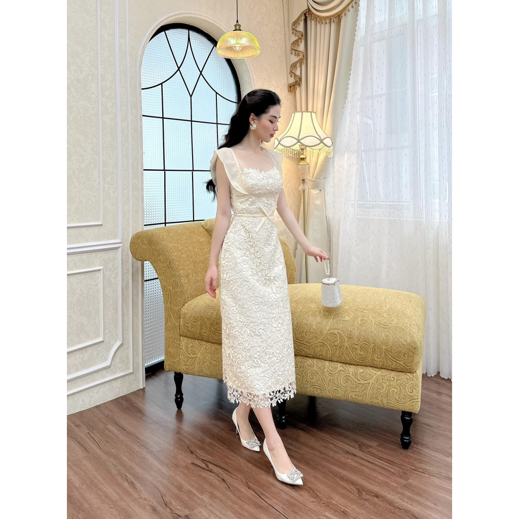 Khâu Đầm ren cánh tiên nơ eo ren lá bé màu kem