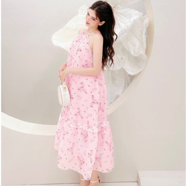 MEDYLA - Váy bầu mùa hè maxi dáng yếm đầm bầu thiết kế tơ hồng lót lụa cho bầu đi biển, du lịch - VTS1256