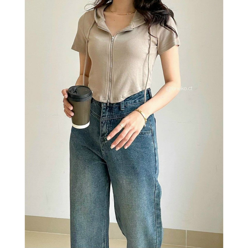 Áo khoác nhẹ nữ- Áo khoác thun gân tay ngắn có nón dây kéo vạt bầu MC