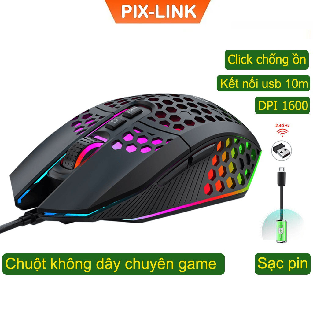 Chuột không dây chơi game PIXLINK X801 thiết kế độc lạ Led RGB đổi màu click chống ồn DPI 1600