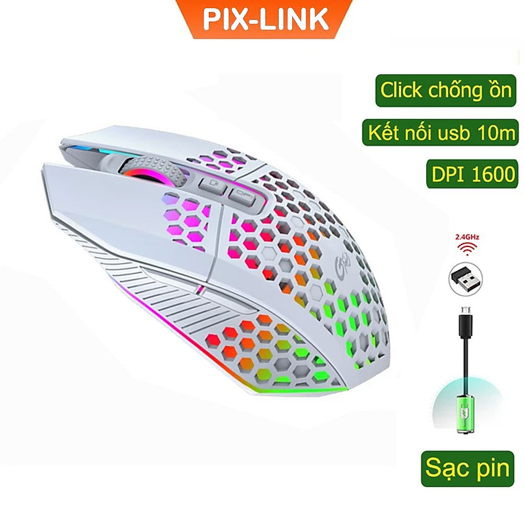 Chuột không dây chơi game PIXLINK X801 thiết kế độc lạ Led RGB đổi màu click chống ồn DPI 1600