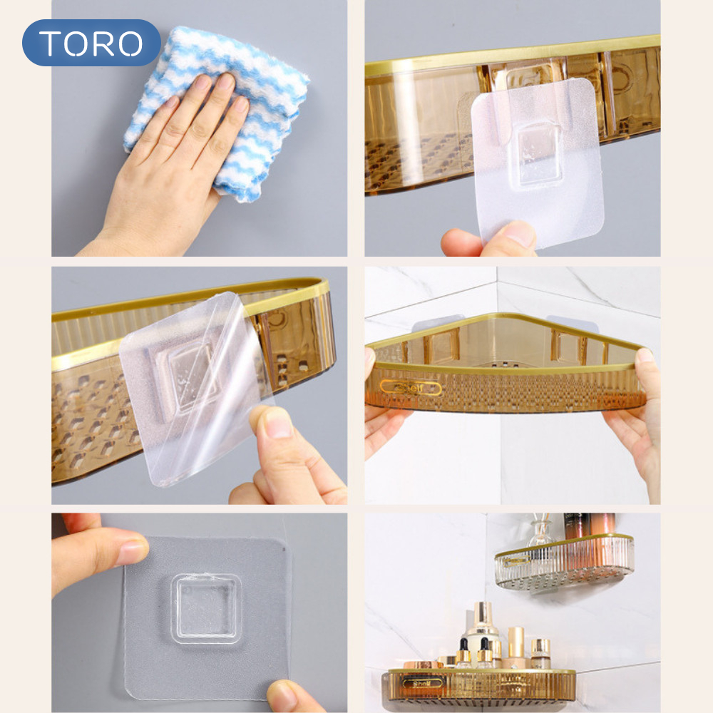 Kệ treo nhà tắm TORO viền mạ vàng cao cấp, kệ góc nhà tắm đựng dầu gội sữa tắm, kệ treo tường nhà bếp đựng gia vị