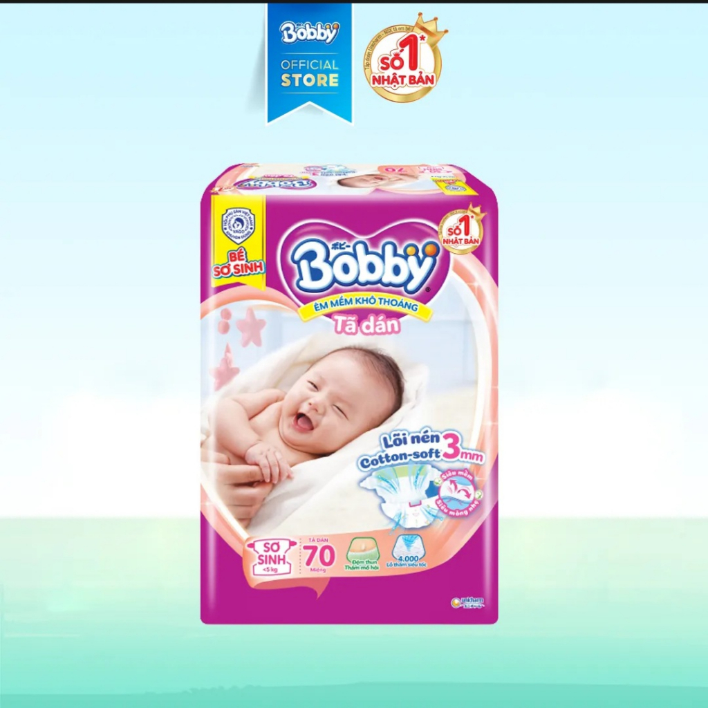 Tã dán sơ sinh Bobby XS70 mới 70 miếng - Lõi nén cotton-soft 3mm dành cho trẻ dưới 5kg