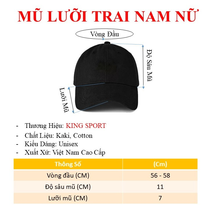 Mũ lưỡi trai nam nữ unisex cotton kaki KING SPORT Nón lưỡi trai kết thêu hãng năng động trẻ trung đơn giản basic MU02