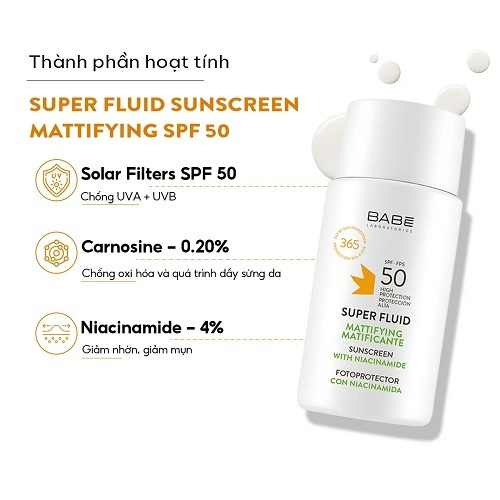 Kem chống nắng BABE Super Fluid Mattifying sunscreen SPF 50 phổ rộng, kiểm soát dầu 50ml - Ajaskinlab