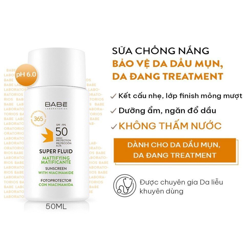 Kem chống nắng BABE Super Fluid Mattifying sunscreen SPF 50 phổ rộng, kiểm soát dầu 50ml - Ajaskinlab