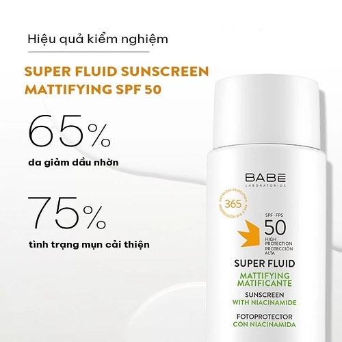 Kem chống nắng BABE Super Fluid Mattifying sunscreen SPF 50 phổ rộng, kiểm soát dầu 50ml - Ajaskinlab