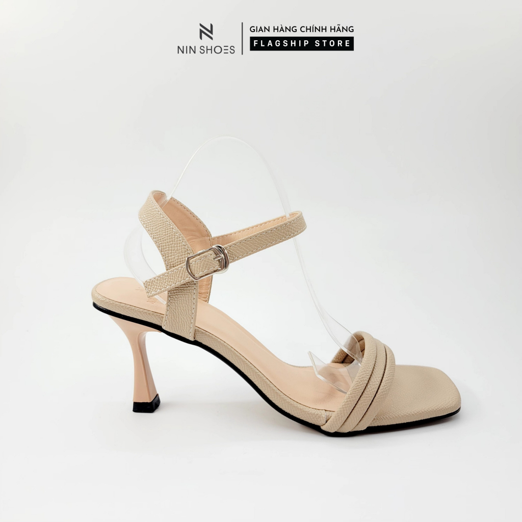 Sandal nữ Ninshoes 6 phân gót ba quai ngang mảnh mũi vuông êm chân