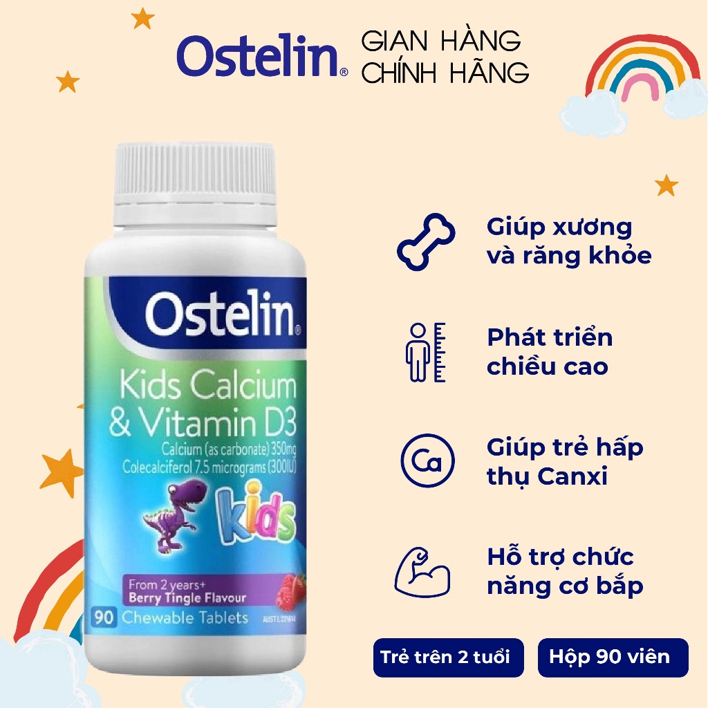 Ostelin Kids Calcium & Vitamin D3 90 viên bổ sung canxi và vitamin D3 cho