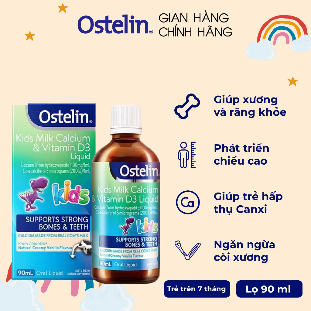 Vitamin D3 200IU và Canxi dạng nước cho bé Ostelin Kids Milk Calcium & Vitamin D3 Liquid 90ml của Úc