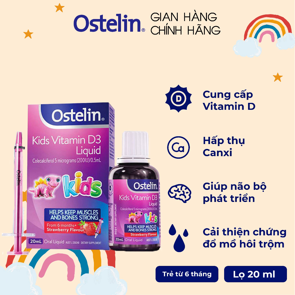 Vitamin D3 dạng nước 200IU cho bé Ostelin Kids Liquid 20ml của Úc giúp phòng tránh còi xương, suy dinh dưỡng ở trẻ