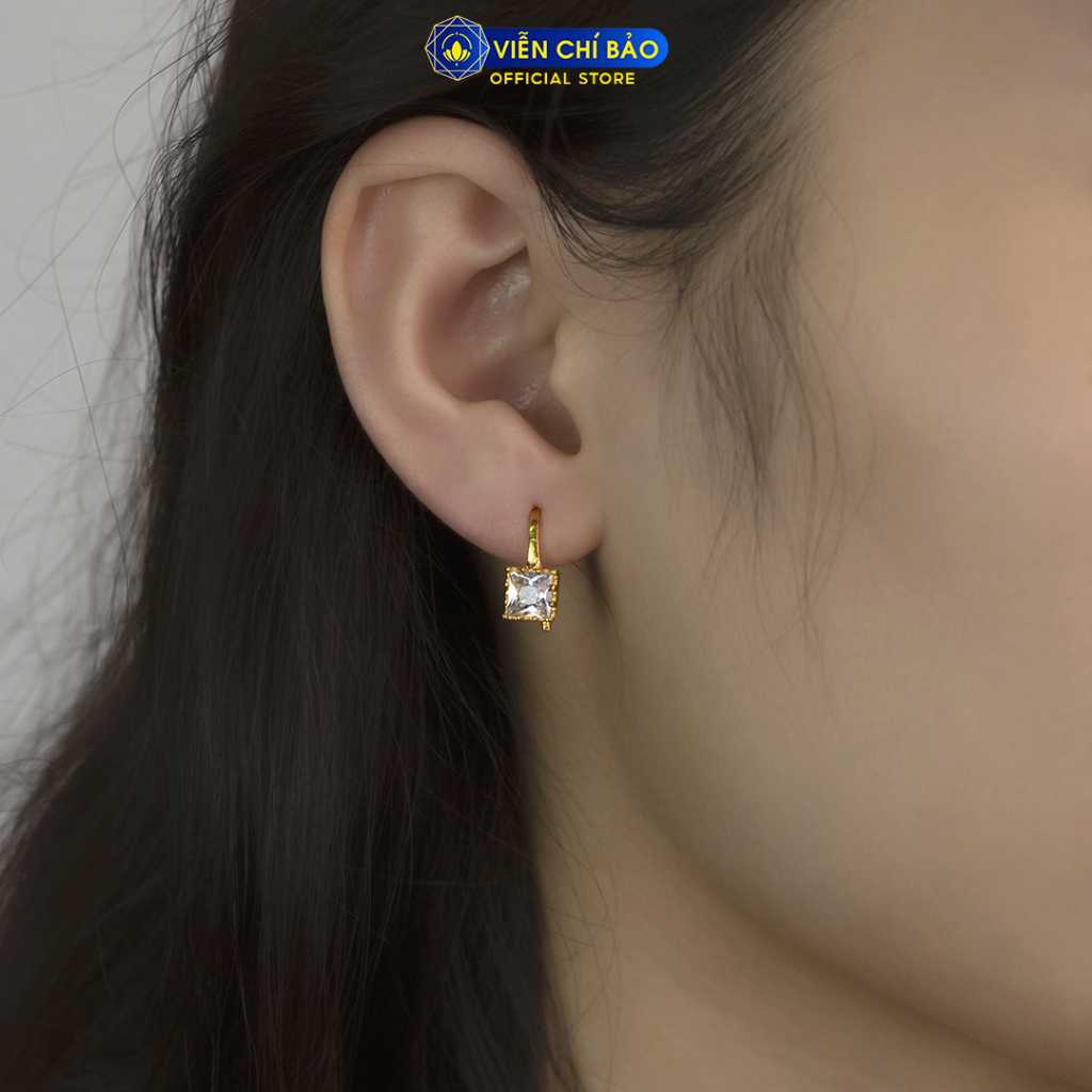 Bông tai bạc nữ đá vuông trắng xi vàng thời trang phụ kiện trang sức Viễn Chí Bảo B400612-V
