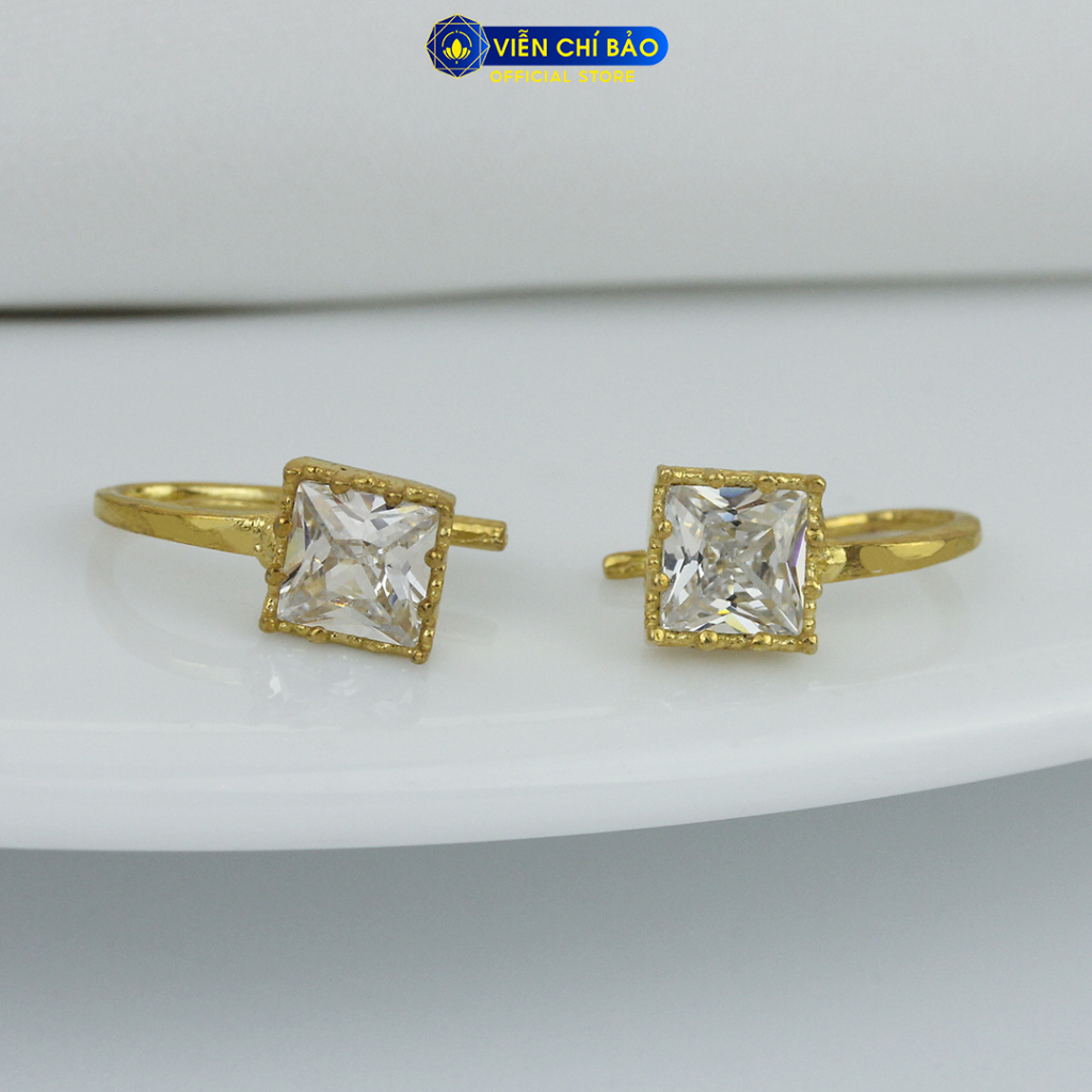 Bông tai bạc nữ đá vuông trắng xi vàng thời trang phụ kiện trang sức Viễn Chí Bảo B400612-V