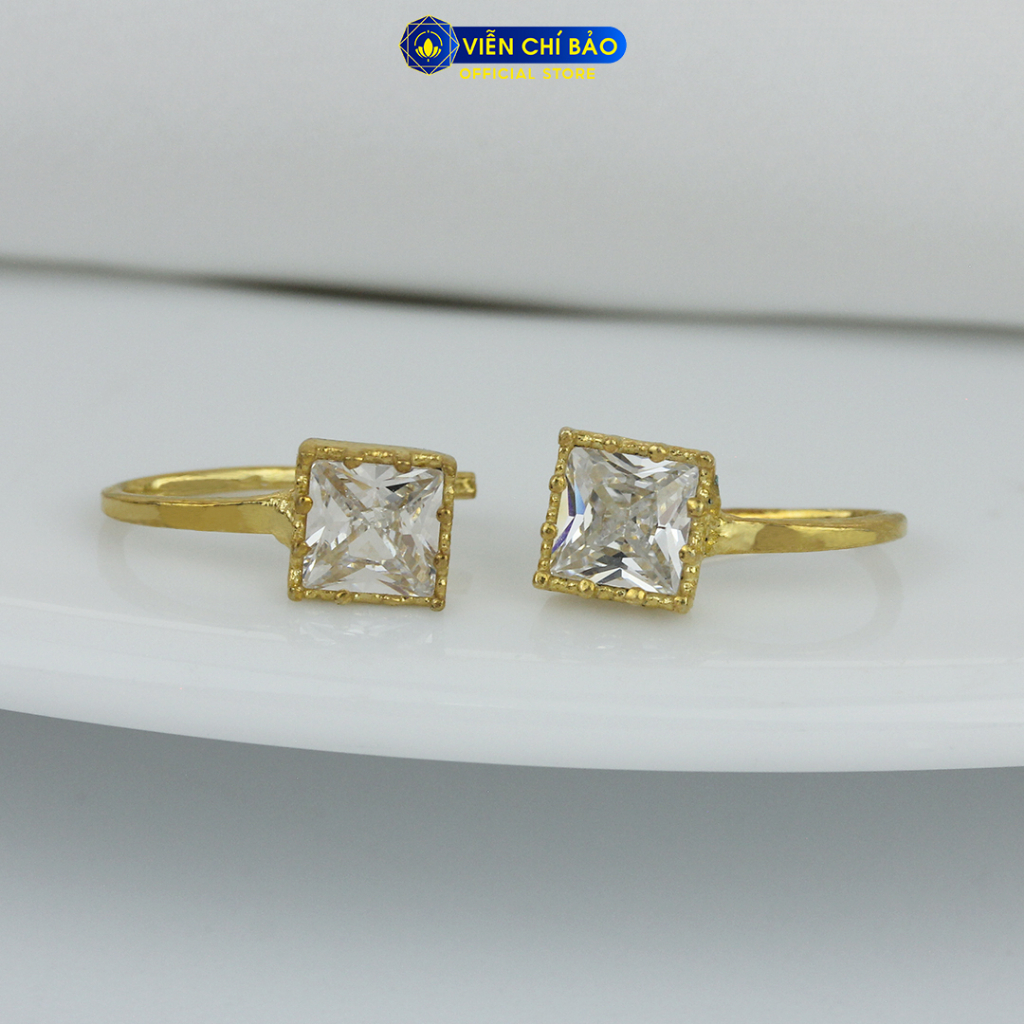 Bông tai bạc nữ đá vuông trắng xi vàng thời trang phụ kiện trang sức Viễn Chí Bảo B400612-V