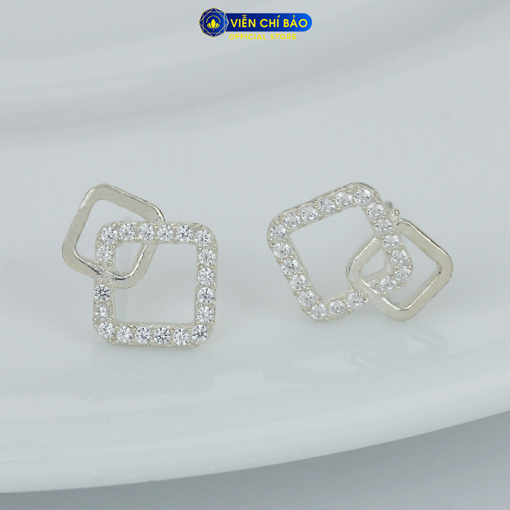 Bông tai bạc nữ hình vuông kép chất liệu bạc 925 thời trang phụ kiện trang sức Viễn Chí Bảo B400751