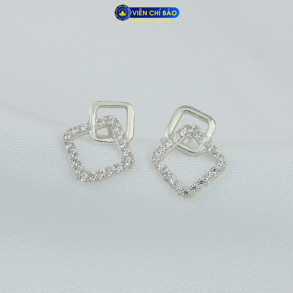 Bông tai bạc nữ hình vuông kép chất liệu bạc 925 thời trang phụ kiện trang sức Viễn Chí Bảo B400751