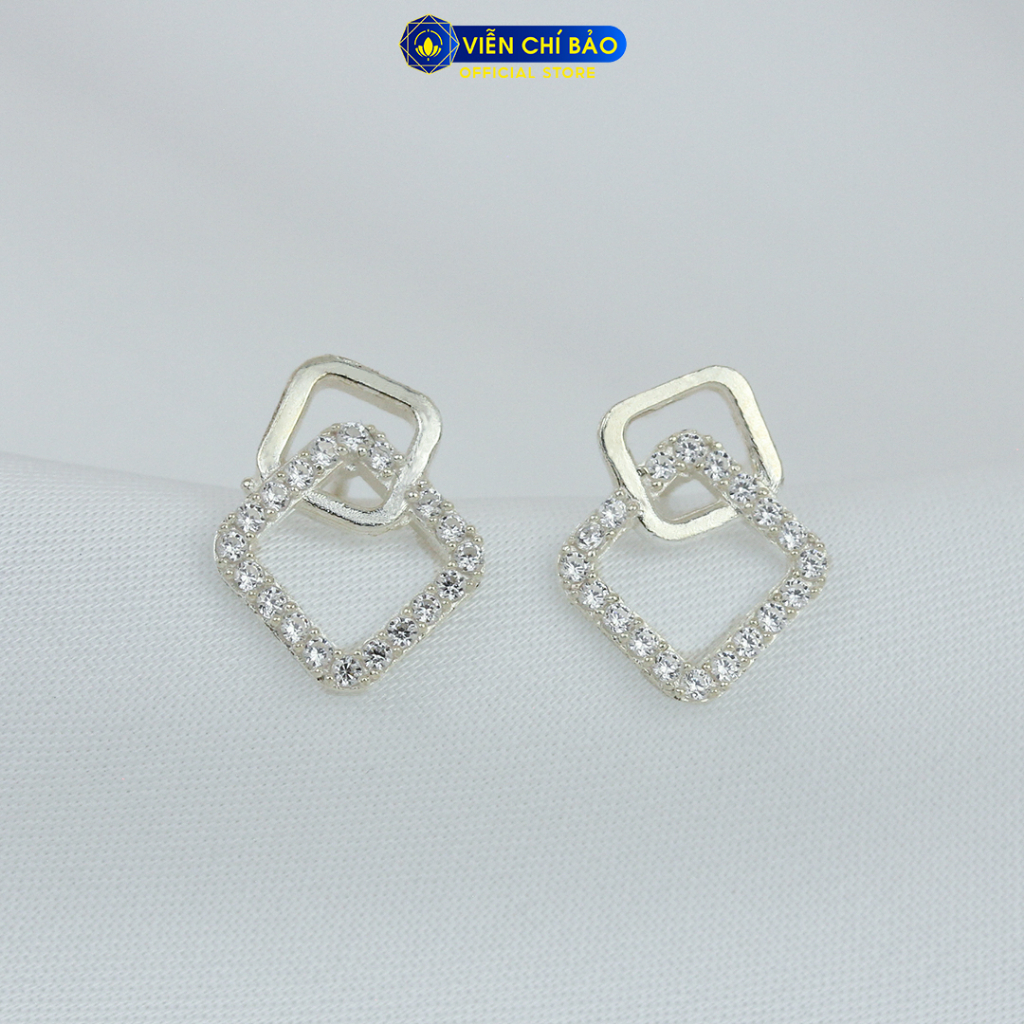 Bông tai bạc nữ hình vuông kép chất liệu bạc 925 thời trang phụ kiện trang sức Viễn Chí Bảo B400751