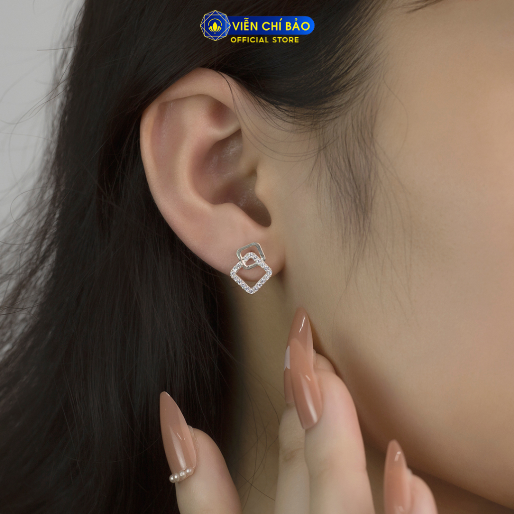 Bông tai bạc nữ hình vuông kép chất liệu bạc 925 thời trang phụ kiện trang sức Viễn Chí Bảo B400751