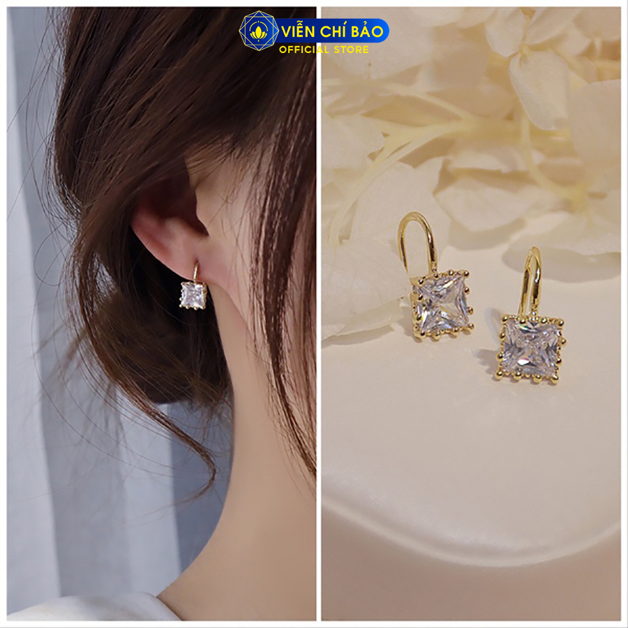 Bông tai bạc nữ đá vuông trắng xi vàng thời trang phụ kiện trang sức Viễn Chí Bảo B400612-V
