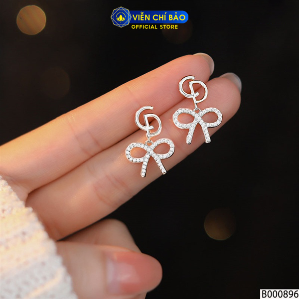Bông tai bạc nữ CD gắn nơ chất liệu bạc Ý 925 thời trang phụ kiện trang sức Viễn Chí Bảo B000896