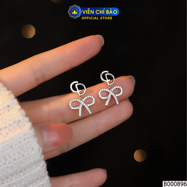 Bông tai bạc nữ CD gắn nơ chất liệu bạc Ý 925 thời trang phụ kiện trang sức Viễn Chí Bảo B000896