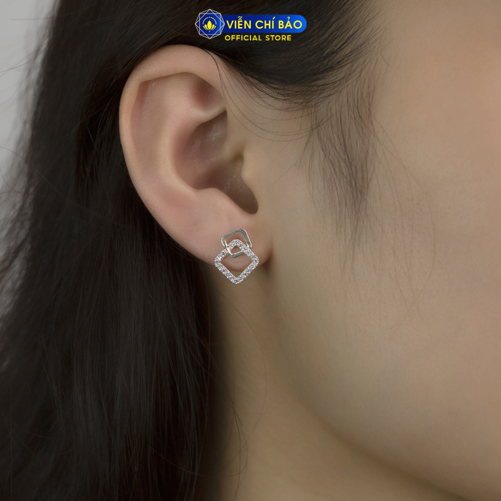 Bông tai bạc nữ hình vuông kép chất liệu bạc 925 thời trang phụ kiện trang sức Viễn Chí Bảo B400751