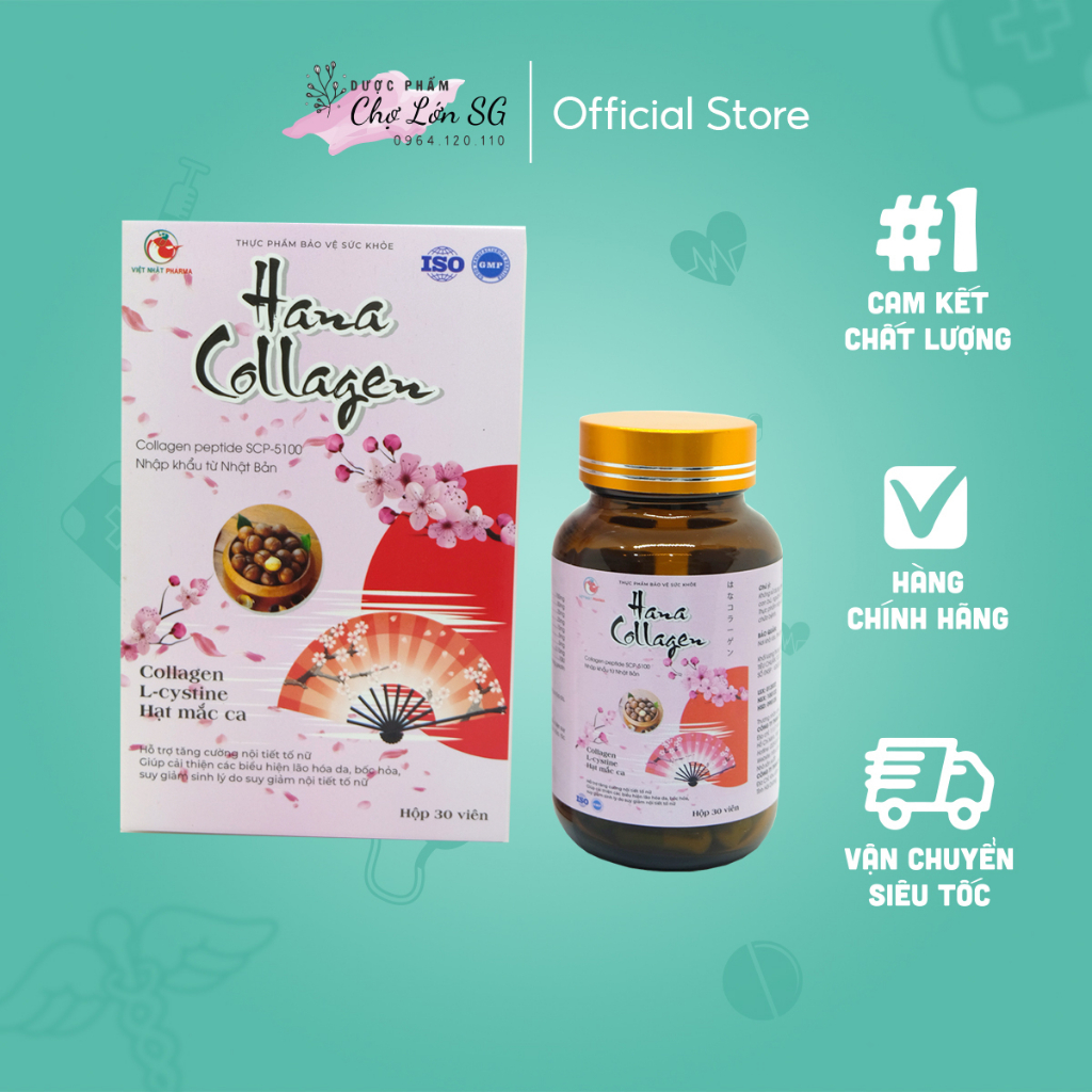 Viên uống sáng đẹp da HANA COLLAGEN tăng cường nội tiết tố, cải thiện lão hóa da (Hộp hồng) - Chai 30 viên