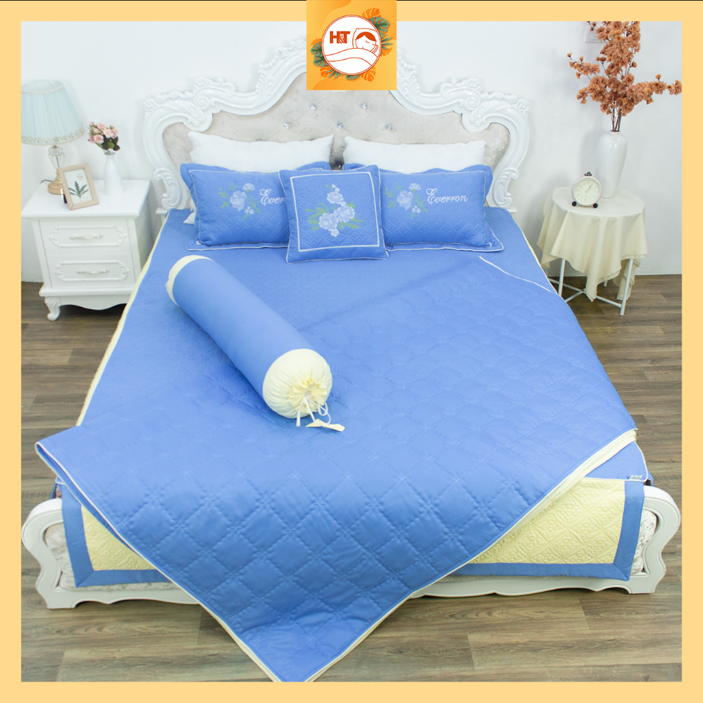 Set bộ ga gối 5 món satin thêu hoa cao cấp , chăn drap giường phủ trần bông dày dặn everron H&T Chăn Ga Gối