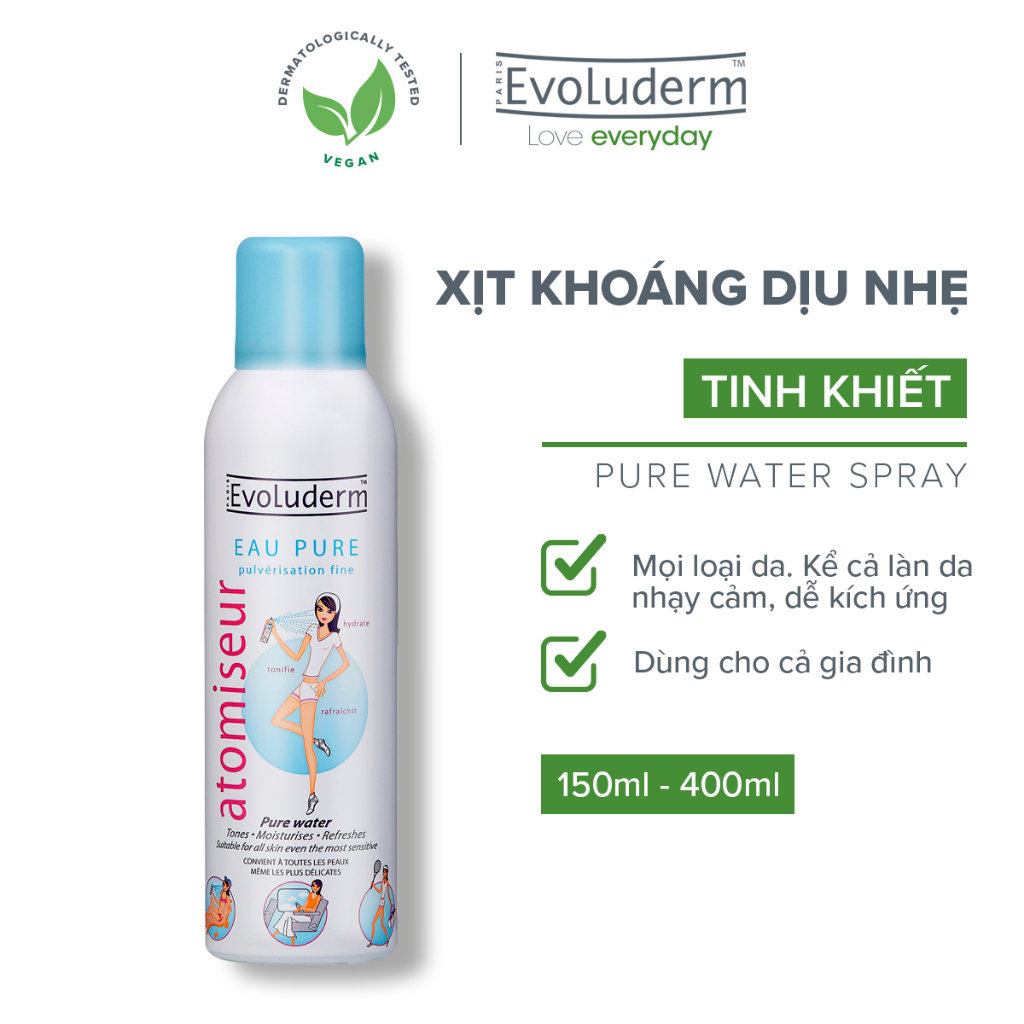 Xịt khoáng Evoluderm giúp dưỡng ẩm cấp nước và làm dịu làn da Atomiseur Eau Pure 150ml