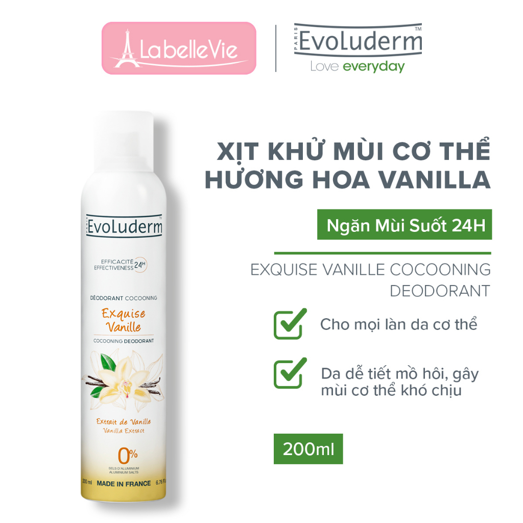 Xịt khử mùi toàn thân Evoluderm hương Vanilla ngăn khuẩn gây mùi suốt 24h - 200ml