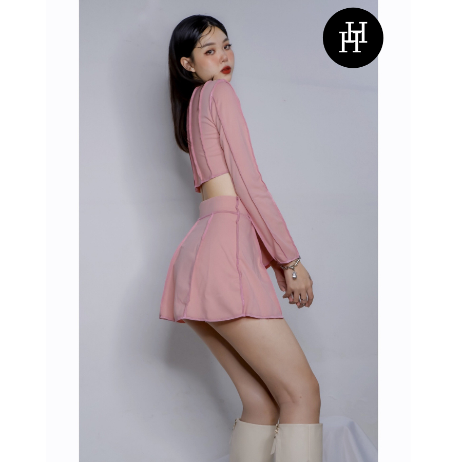 HS122 Áo croptop tay dài phối chân váy ngắn lót quần màu đen - hồng Hỉn Hỉn Store
