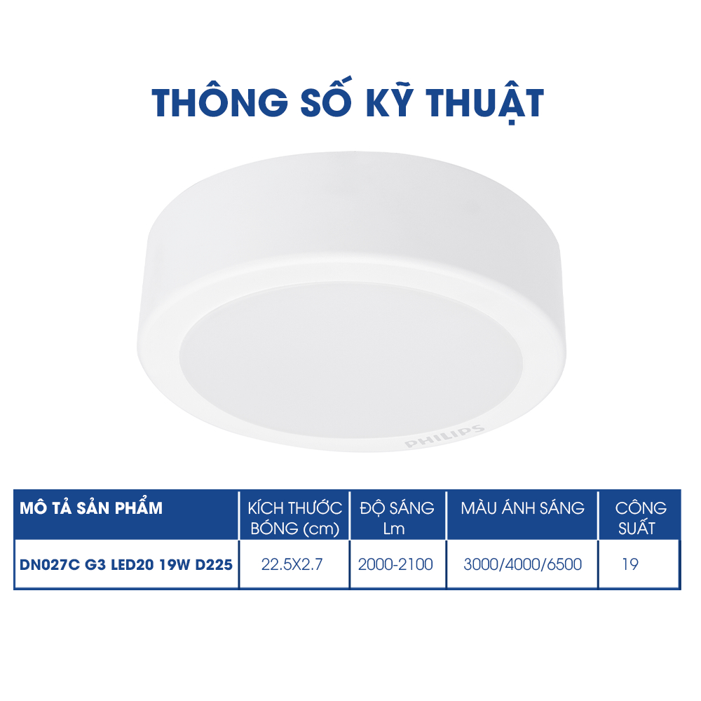 Bộ đèn ốp trần Philips LED tròn lắp nổi DN027C Công suất (9W, 12W, 15W, 19W)